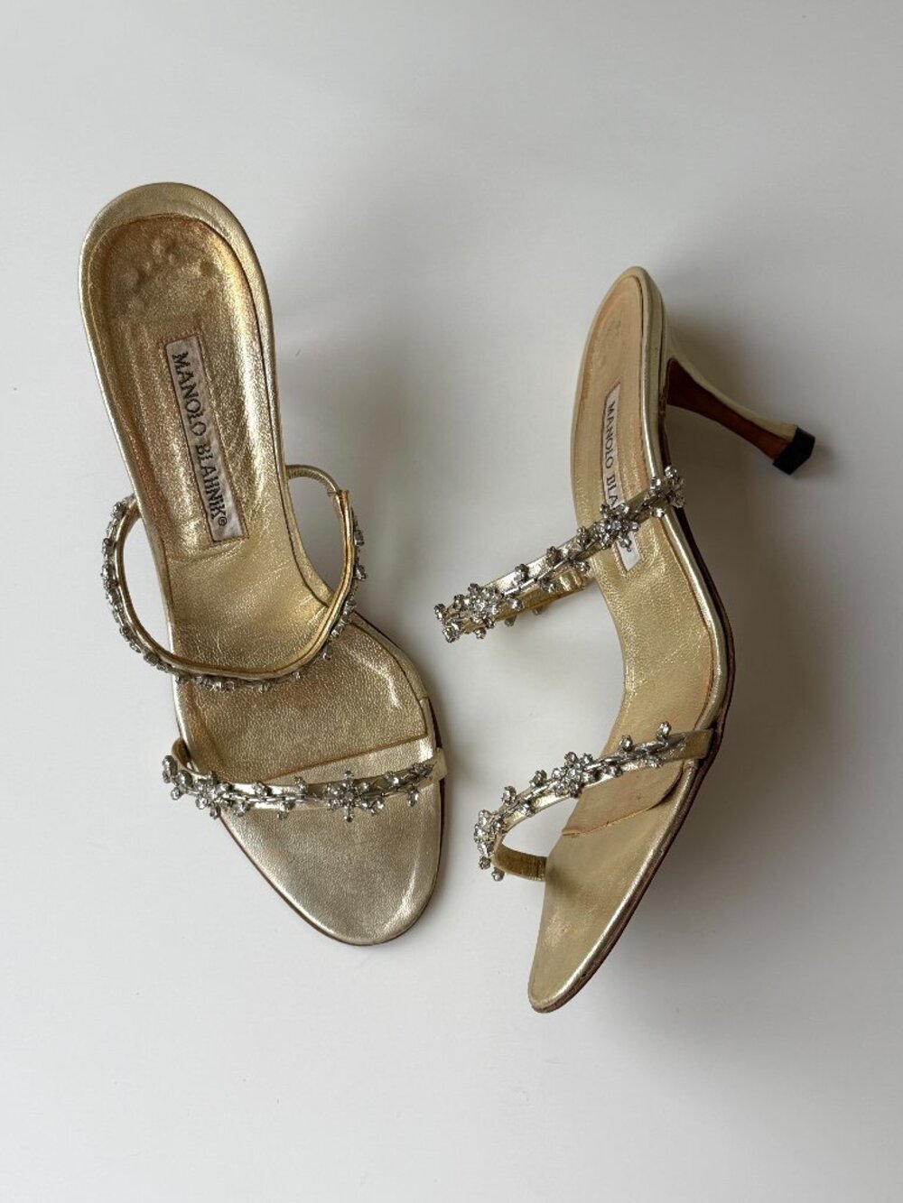 Vintage Manolo Blahnik Gold Crystal Floral Sandals, IT 36.5 / approx. US 6-6.5
